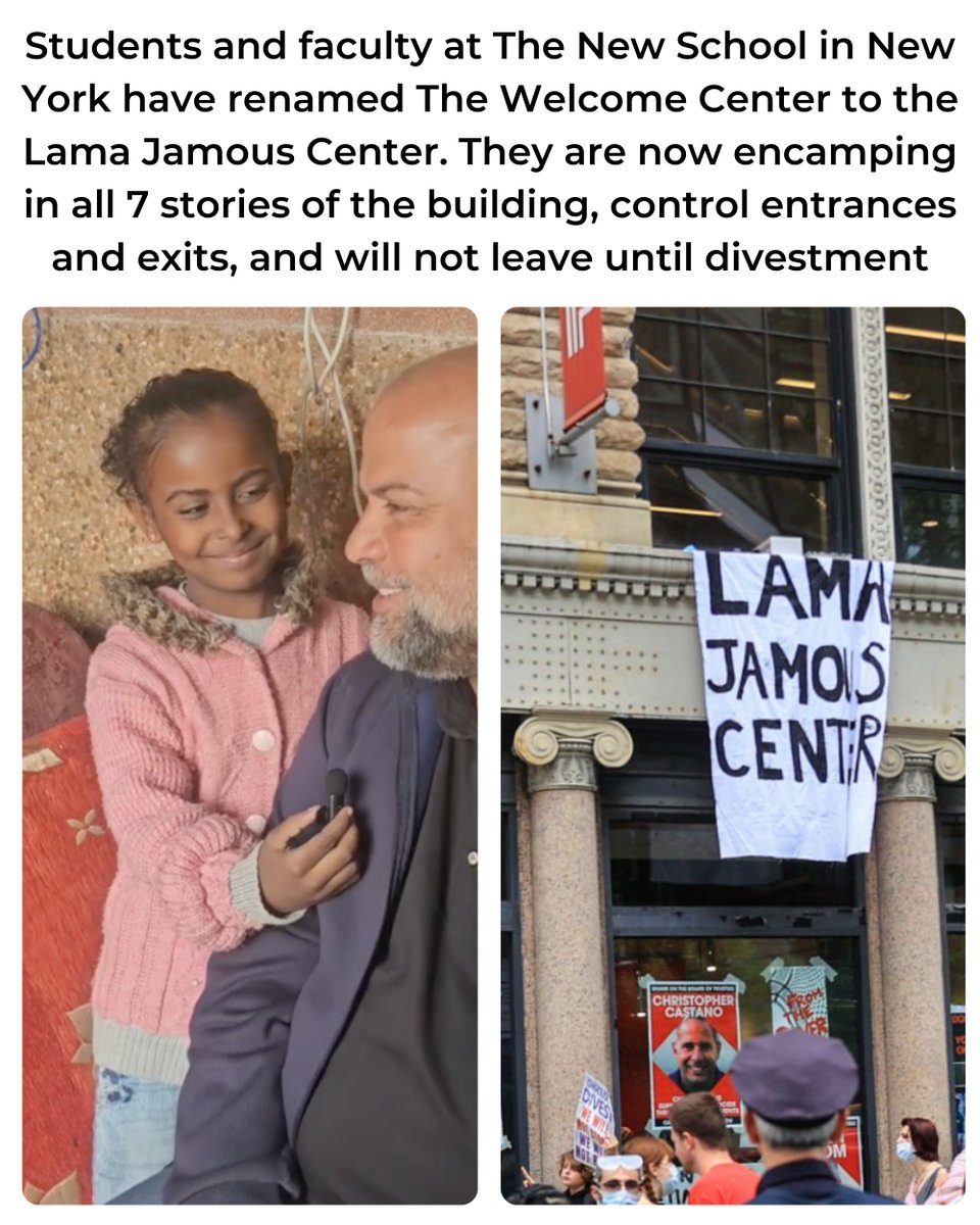 The Lama Jamous Center ♥️ For the past four days, The New School encampment has controlled the building and are calling for immediate divestment.Source: National SJP