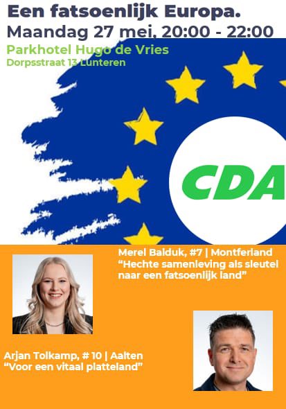 Op maandag 27 mei organiseert CDA Ede samen met afdelingen uit de Foodvalley een avond over de Europese Parlementsverkiezingen.
Kom ook en ga met ons in gesprek over de toekomst van de Europese Unie! Alle leden en geïnteresseerden zijn van harte welkom.
#eenfatsoenlijkeuropa #cda