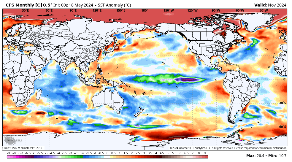 CFSV2 maintaing Indo Pacific crash in SST from now to November So get your 'hottest ever' ( misnomer, since the current global temperature of 58.31 is not hot) jollies now, cause it wont be that way next year after this
