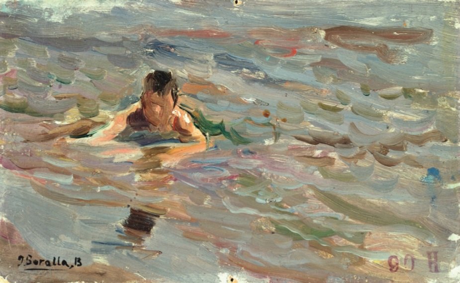 The real subject of this work by Sorolla, painted in the summer of 1905 in Jávea (Alicante) is the effect of the light filtering through the water,fragmented and broken down into precise confident brushstrokes using tones of green, orange, blue and purple. It is typical of the