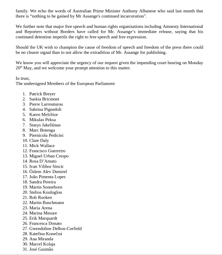 On eve of historic court date for Julian Assange, where a UK court is set to decide if it will allow his extradition for truthful publishing, 31 MEP's write to Home Secretary James Cleverly urging UK not to allow extradition Extradition decision: May 20 #FreeAssangeNOW