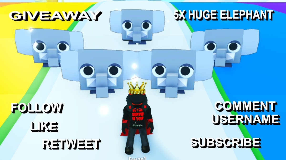 😎GiveAway: 5X HUGE ELEPHANT😎

➡️Follow, Like and Retweet 
➡️Comment Username
➡️SUB: youtube.com/@sparkleking20   

GiveAway ends Saturday May 25th 2024      

5 Random winners will be selected through Twitterpicker.   

Good Luck!🍀 

#ROBLOX #PetSimulator99 #PS99 #GIVEAWAY
