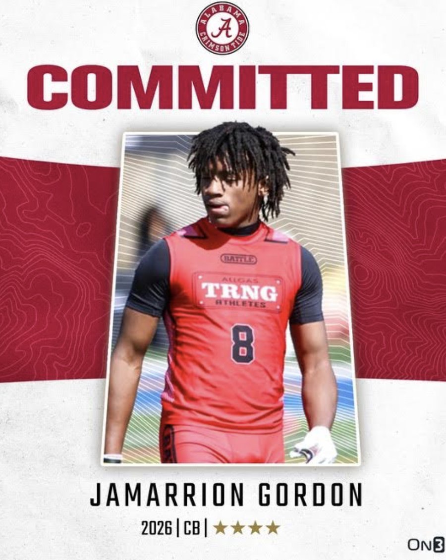 BREAKING: Alabama lands its first commitment in the ’26 class! Jackson (Ala.) DB Jamarrion Gordon has announced for the Crimson Tide! He is one of only 3 in-state rising juniors offered by @KalenDeBoer. Gordon talks decision: 🗞️shorturl.at/T73vJ #RollTide