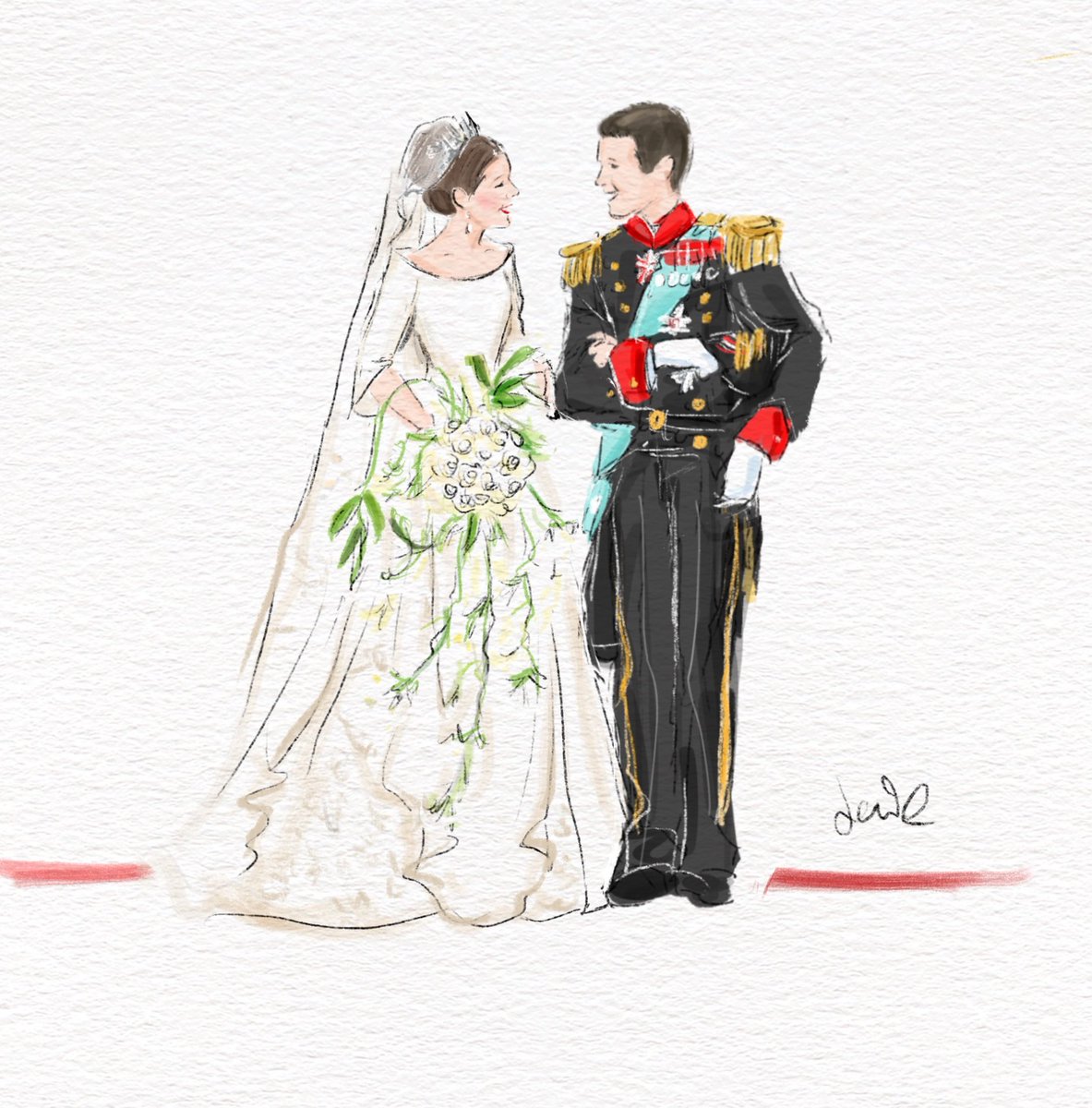Drawing Queen Mary of Denmark and King Frederik on their wedding day 20 years ago