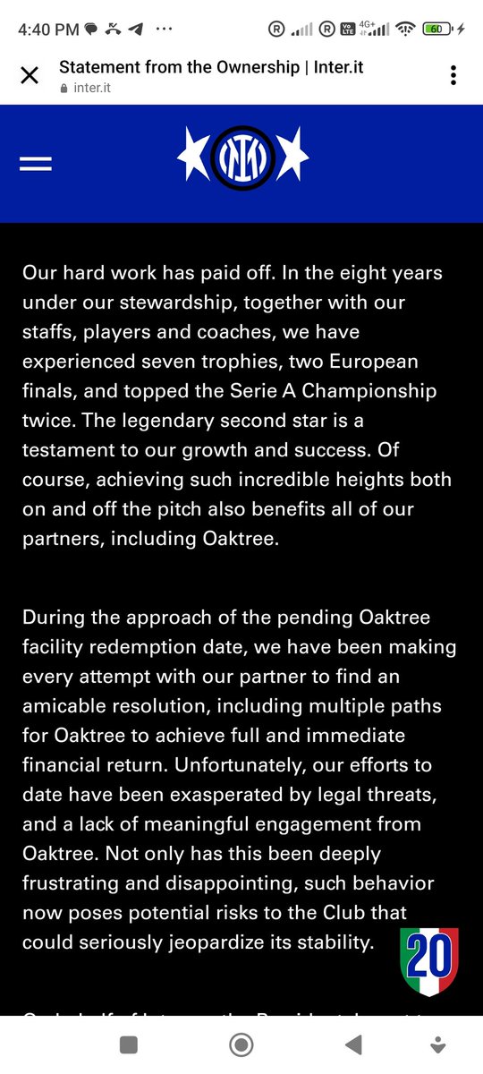 Post 2 hours ago from Steven Zhang. So now it is Oaktree's fault that Suning cannot repay the loan? Inter needs stability and continuity, not owners whose changing fortunes hurt the club and the fans. Time for a new ownership structure. #nerazzurri #intermilan #forzainter
