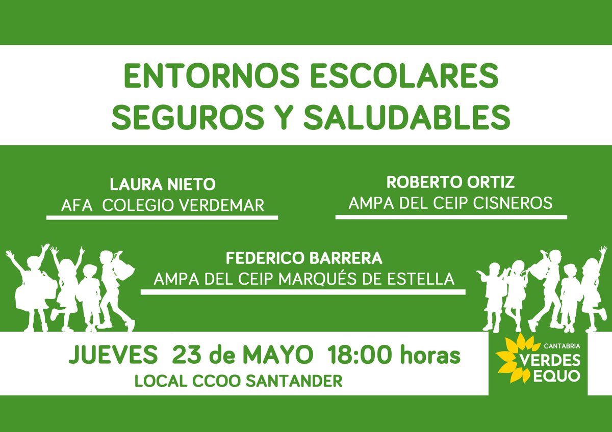 Damos voz a las AMPAs de colegios de Santander para generar un debate alrededor de la importancia de salvaguardar la salud y la seguridad del alumnado en los entornos de los centros educativos.
#entornosescolaresseguros
#somosverdes @VerdesEquo_