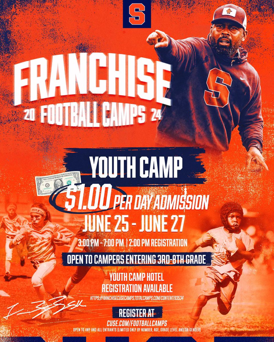 You can’t beat this opportunity @FranBrownCuse has for his Youth Camp 🎯 Register at Cuse.com/FootballCamps