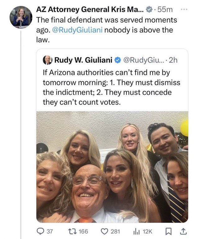 NEW After hiding out and taunting the Arizona prosecutors, Rudy Giuliani has been served his indictment in charges related to the Arizona fake electors scheme on Friday night in front of nearly 100 guests at his 80th birthday celebration in Palm Beach, Florida. According to the