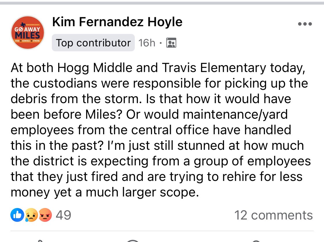 chronMC's tweet image. HISD and its state-takeover school board just fired its janitors for next year. And guess who is out there right now, on Saturday, picking up the pieces on campus after the Houston storms?