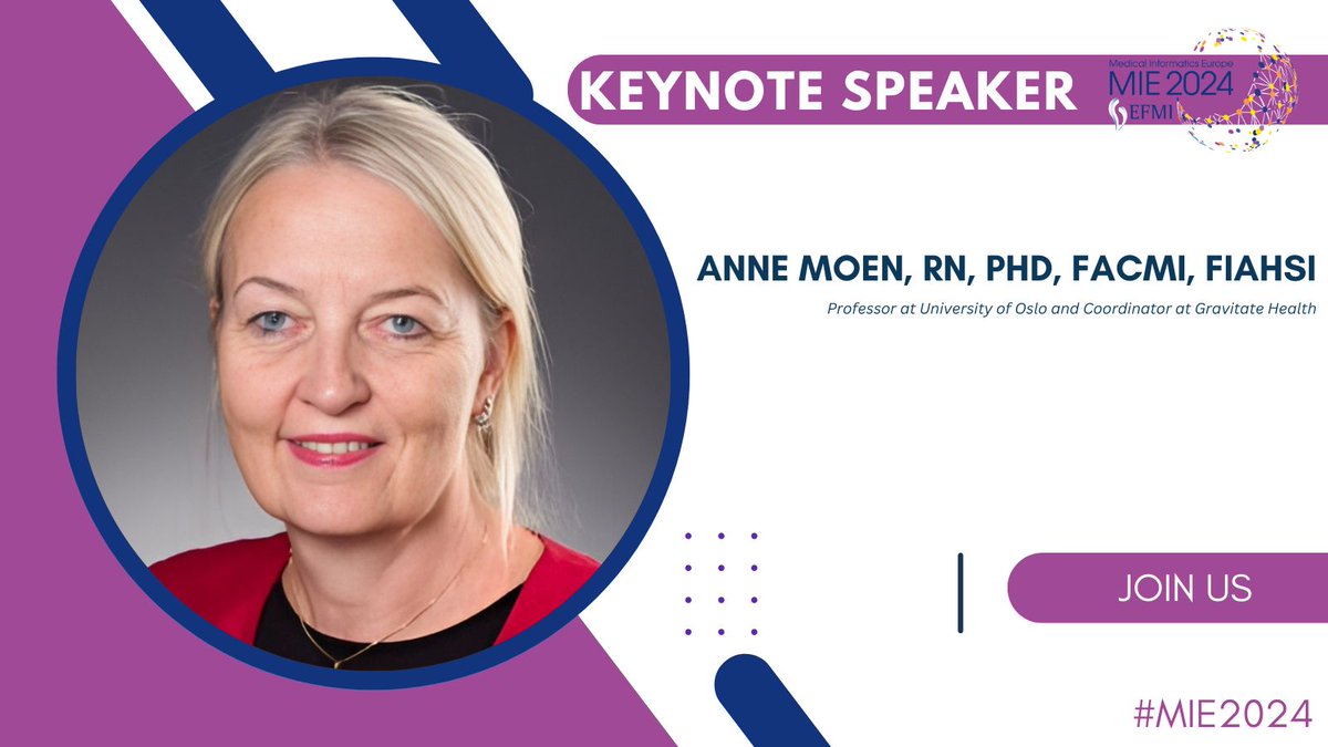 Let us introduce one of our keynote speakers for the 34th MIE Conference #MIE2024. Meet Prof. @annemoen_oslo , who is a full professor at the Faculty of Medicine, University of Oslo, Norway, & Director of UiO:eColab. Find out more mie2024.org/keynote_speake… #EFMI #MedicalInformatics