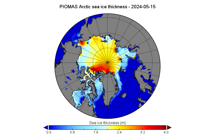 GreatWhiteCon's tweet photo. Here is the #PIOMAS mid May gridded #Arctic #SeaIce thickness map:
https://t.co/6buAzjGZiO
Plus the associated volume graph, now looking forward to the summer minimum: https://t.co/F3TjwjYZ92