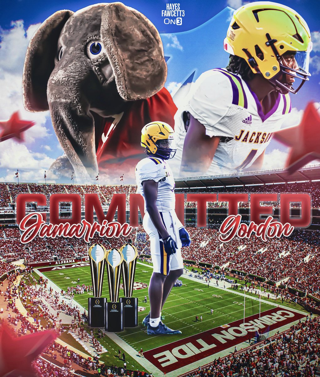 BREAKING: Four-Star CB Jamarrion Gordon (2026) has Committed to Alabama, he tells me for @on3recruits The 6’0 190 CB from Jackson, AL chose the Crimson Tide over Miami & LSU “This decision was a no brainer. I needed to stay home and make this state better.”