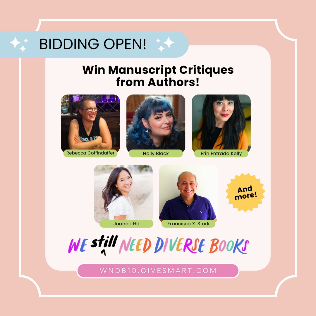 We Need Diverse Books (@diversebooks) on Twitter photo MANUSCRIPT CRITIQUES from:
๐ Rebecca Coffindaffer, author of CROWNCHASERS
๐ <a href="/hollyblack/">Holly Black</a>, author of THE CRUEL PRINCE
๐ <a href="/erinentrada/">Erin Entrada Kelly</a>, author of HELLO, UNIVERSE
๐ @JoannaHoWrites, author of EYES THAT KISS IN THE CORNERS
๐ <a href="/StorkFrancisco/">Francisco X. Stork</a>, author of MARCELO IN THE REAL WORLD MANUSCRIPT CRITIQUES from:
๐ Rebecca Coffindaffer, author of CROWNCHASERS
๐ <a href="/hollyblack/">Holly Black</a>, author of THE CRUEL PRINCE
๐ <a href="/erinentrada/">Erin Entrada Kelly</a>, author of HELLO, UNIVERSE
๐ @JoannaHoWrites, author of EYES THAT KISS IN THE CORNERS
๐ <a href="/StorkFrancisco/">Francisco X. Stork</a>, author of MARCELO IN THE REAL WORLD