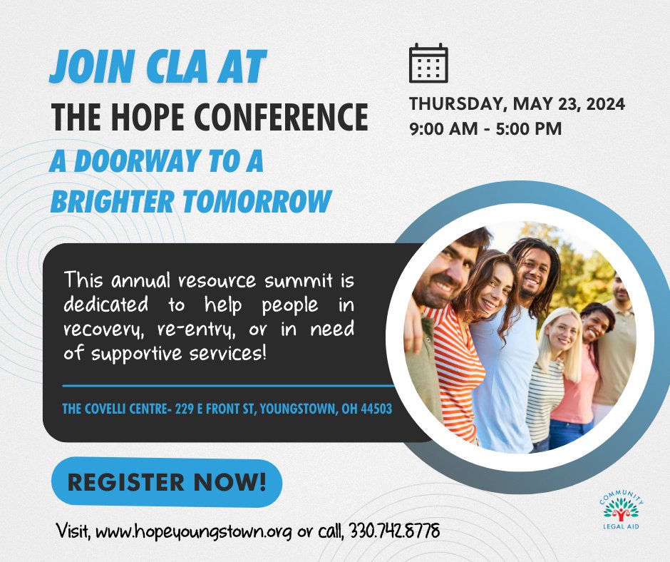 Join us on May 23rd at The Hope Conference! 👏

Our team will be onsite to provide information and aid those in recovery, reentry or in need of supportive services. 

For more information and registration visit ➜ 
hopeyoungstown.org or call ➜ 330.742.8778