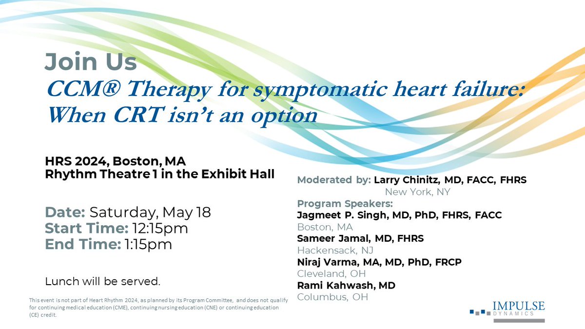 Today is the day! Join us for “CCM Therapy for Symptomatic Heart Failure: When CRT isn’t an Option” symposium in Rhythm Theatre 1 at 12:15 pm.

#medicaldevices #heartfailure #CCM #epeeps #ImpulseDynamics #HRS2024 #globalEP