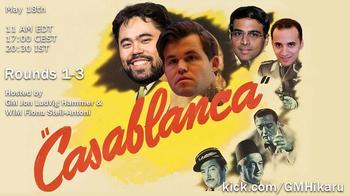 Playing Casablanca Chess event to celebrate 100 years of @FIDE_chess starting now on kick.com/gmhikaru with @fionchetta and @gmjlh on commentary. Playing vs @vishy64theking @MagnusCarlsen and Bassem Amin.