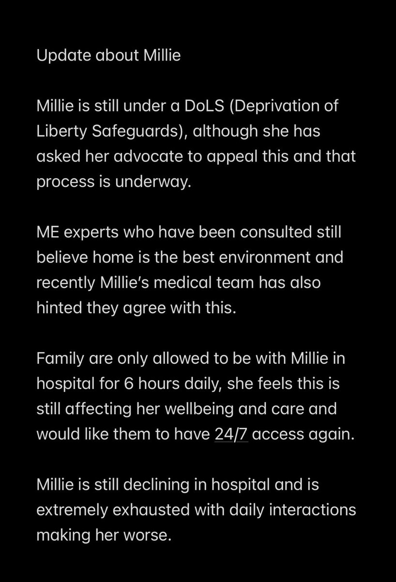 Update about Millie - 18.05.24

Petition 
change.org/p/save-millie-…

#MillieSevereME #SevereME #pwME #saveMillie #BringMillieHome #DontLetMEDie #ExposeMENow