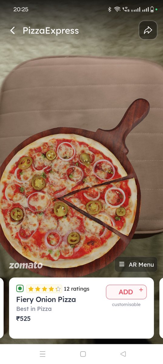 Another potential game-changer feature I saw on @Zomato Just tried out the AR feature. It was incredible to visualize the pizza in real time before placing the order. This isn't just flashy tech—it's a contextual innovation enhancing the core product. Well done @deepigoyal 👏