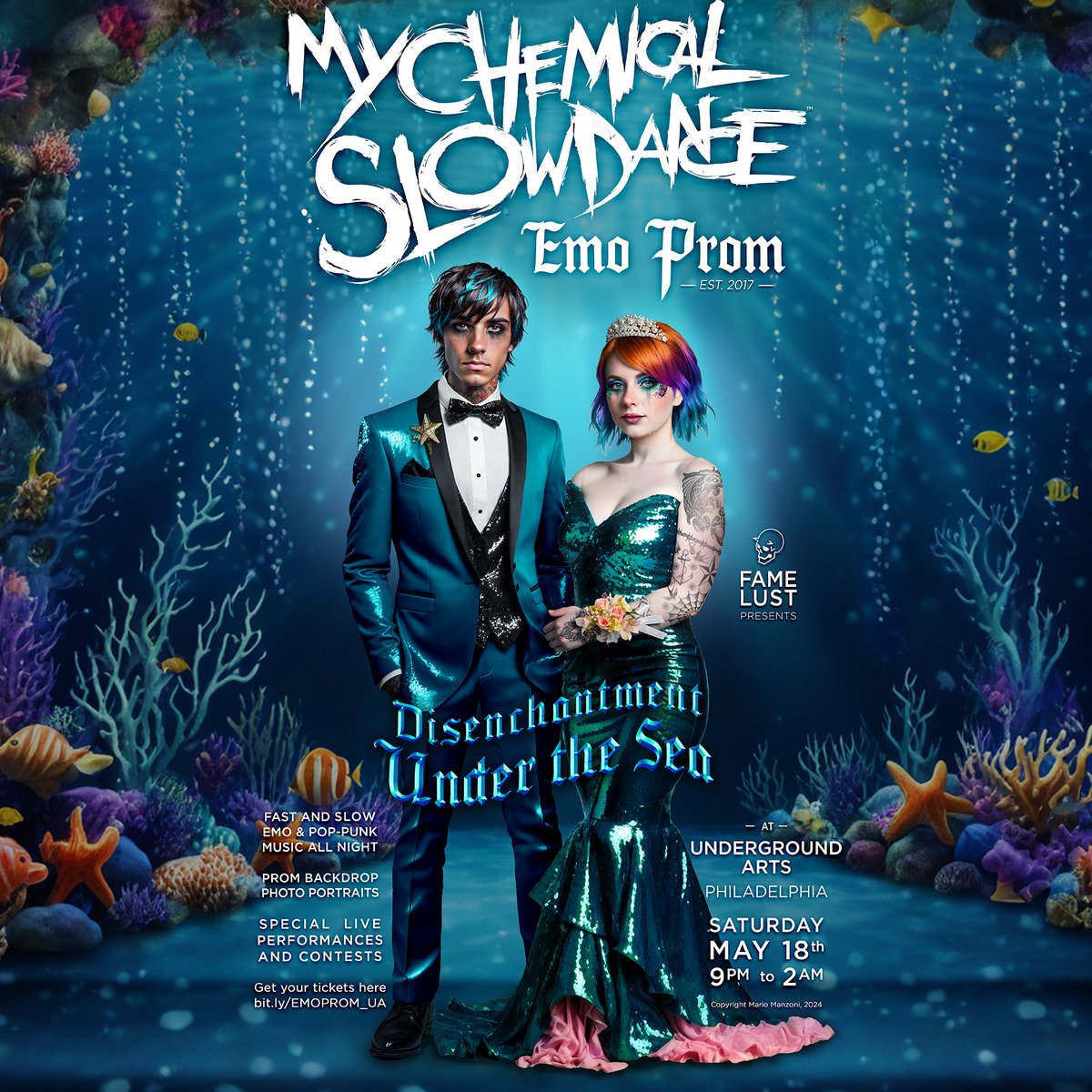 **Tonight @ UA** Crack out the eyeliner and straighten your bangs over one eye, Fame Lust is bringing the one and only My Chemical Slow Dance: Emo Prom under the sea, and underground 🖤🌊💃 - Tickets online + at the door