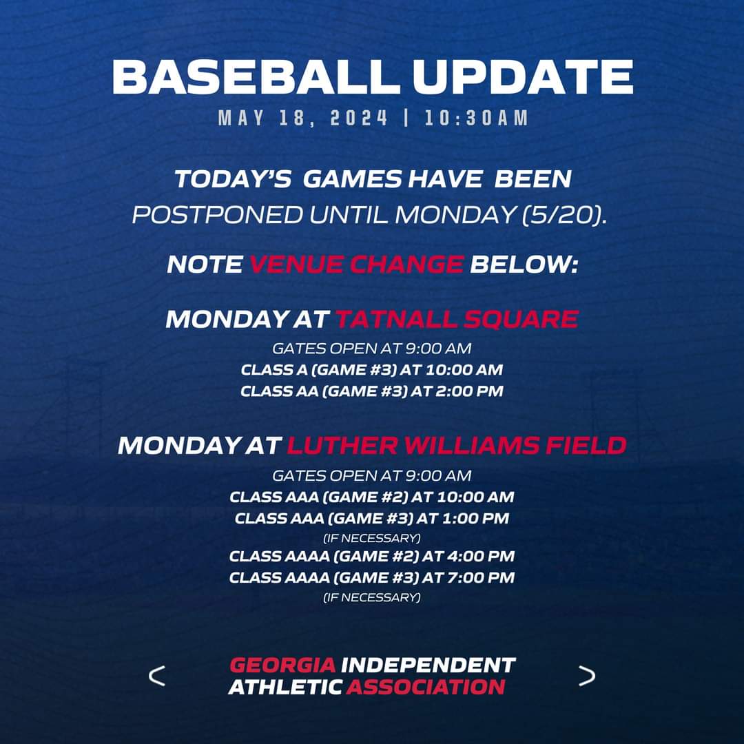 Updated GIAA Finals Monday schedule:
<a href="/athleticsFRA/">Flint River Academy Athletics</a> vs Robert Toombs - 10am at Tattnall Square 
<a href="/BrkstoneCougars/">Brookstone School</a> vs FPD - 4pm at Luther Williams Field 
<a href="/WRBLSports/">WRBL News 3 Sports</a>
