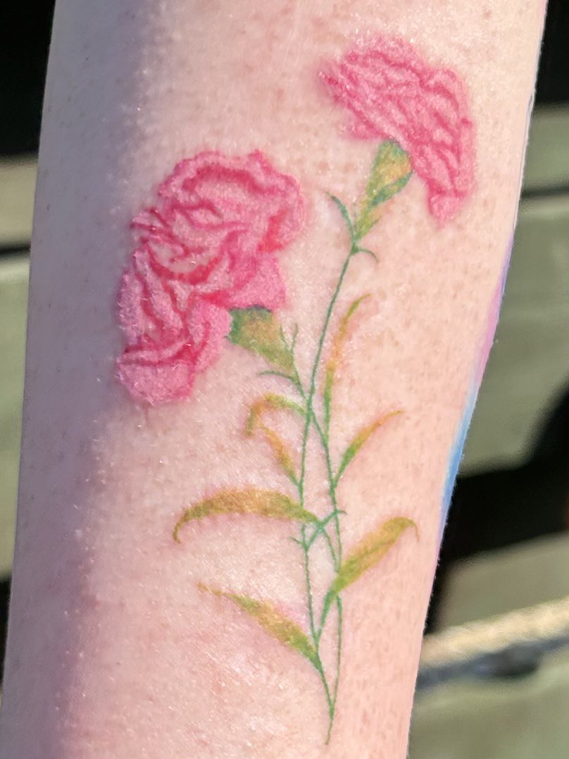Granny and Mummy went out without me then Granny came home without Mummy. Couple hours later left again and came back with Mummy! Yip her has got another tattoo 🤭 Carnations for Granny as them her favourite flower 💖