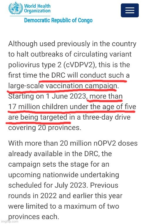 The CDC is alerting the world about DRC experiencing an outbreak of a deadly mpox strain since 2023, with symptoms similar to vaccine side effects.

In July 2023, the DRC began a vaccination campaign for polio using a vaccine approved under Emergency Use by the WHO.

Coincidence?
