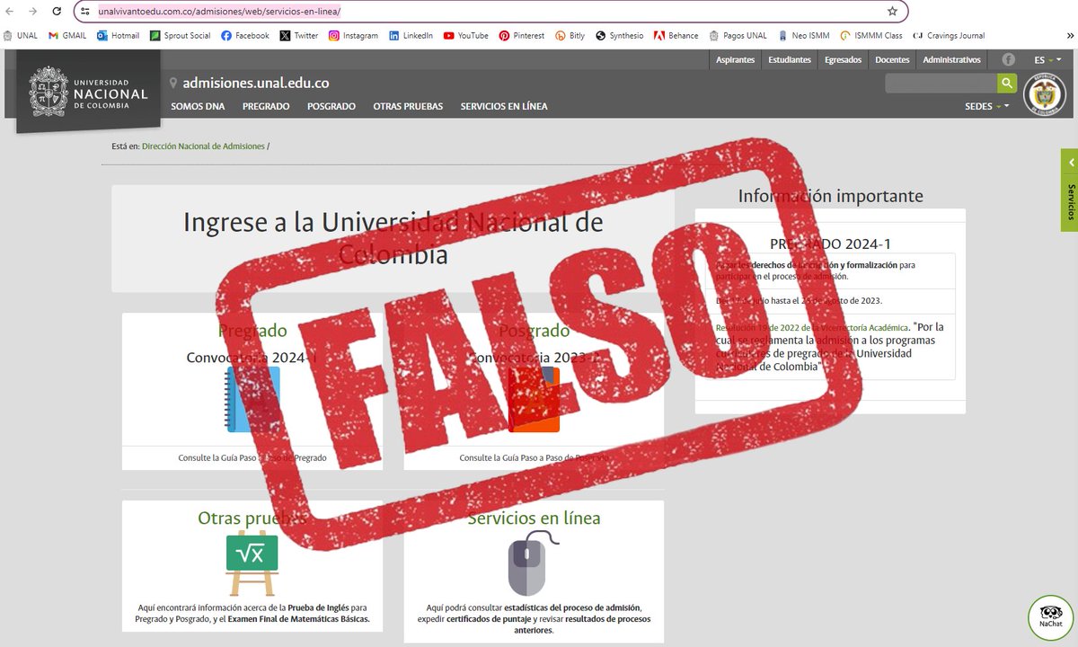 ⚠️#Atención Está pagina web esta suplantando la página web de #AdmisionesUNAL, evita ingresar a este enlace unalvivantoedu.com.co/XXXXXXXXXXX y recuerda que para consultar más información de la institución, puedes acceder a través de nuestra página oficial unal.edu.co 👨‍💻