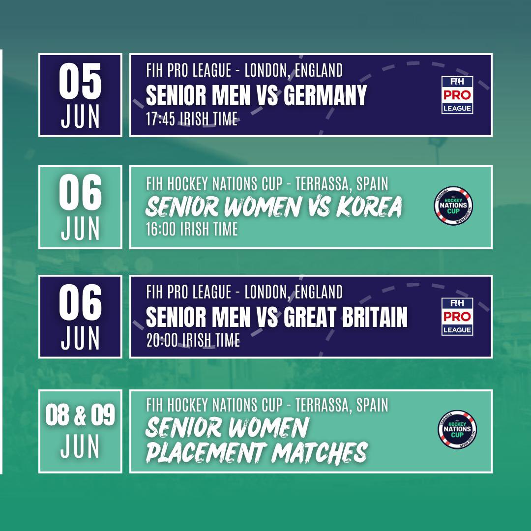 Ireland's Upcoming Senior International Fixtures 🗓️ ☘️ May and June are set to be busy with both our IRL Men and IRL Women returning to the international stage. C'mon Ireland! ☘️ 🏑 #FIHProLeague #FIHNationsCup #HockeyInvites