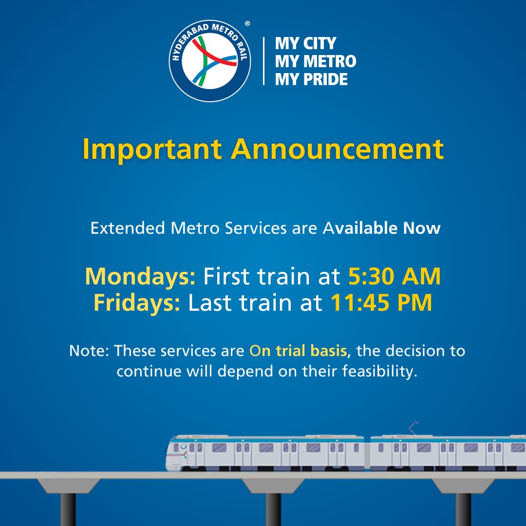 Important Update: Metro Service Hours Extended on Trial Basis. 
We are monitoring the usage and appreciate your cooperation.

#landtmetro #mycitymymetromypride #metroride #HyderabadMetro #MetroRail #metrostation #publictransport