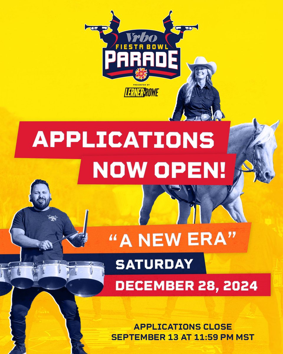 Only 31 Saturdays until the @vrbo #FiestaBowl Parade presented by @LernerandRowe returns on Dec. 28. Applications now being accepted for this annual holiday tradition in Phoenix! Visit 🎉 FiestaBowl.org/parade for more information or to apply today! @Fiesta_Bowl @BowlSeason