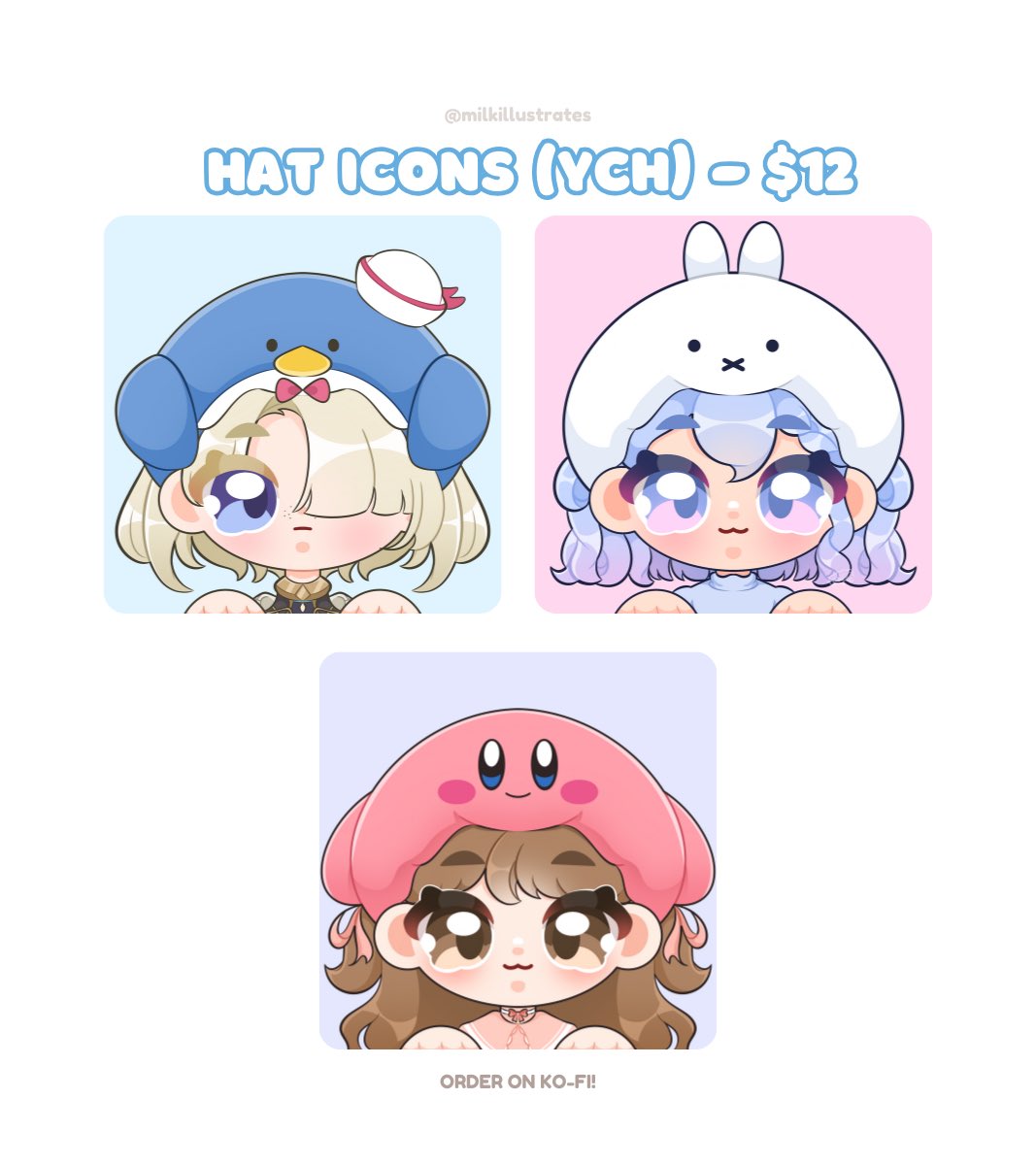 my character-themed hat icons are now open ₍ᐢ. .ᐢ₎ 

there’s also an option on my page if you’d like to use it as a pngtuber for streams :) 

pls order through my ko-fi if you’re interested! link below <3 thank you so much! #commsopen