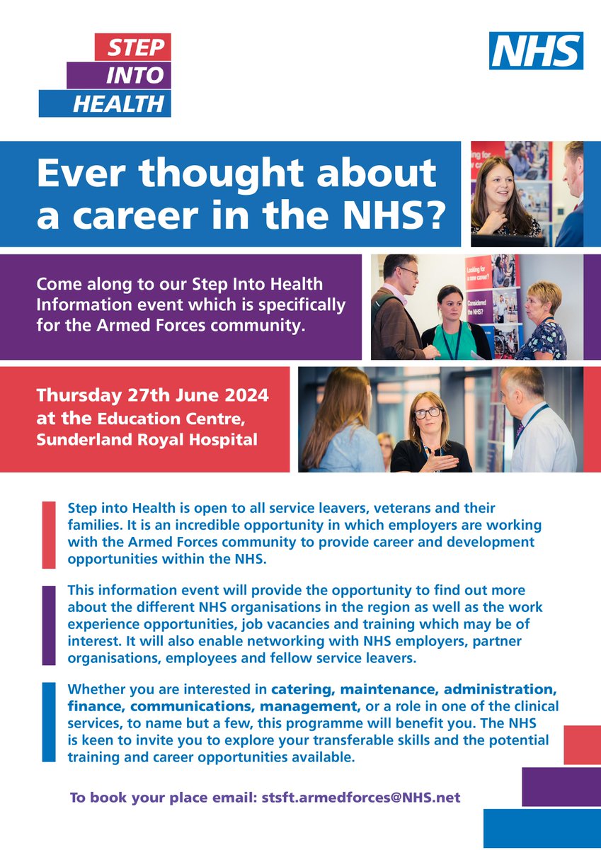 Part of the Armed Forces community and interested in a career in the NHS? Speak to us at our Step Into Health information event in Sunderland next month! 📩 Book your place: stsft.armedforces@NHS.net