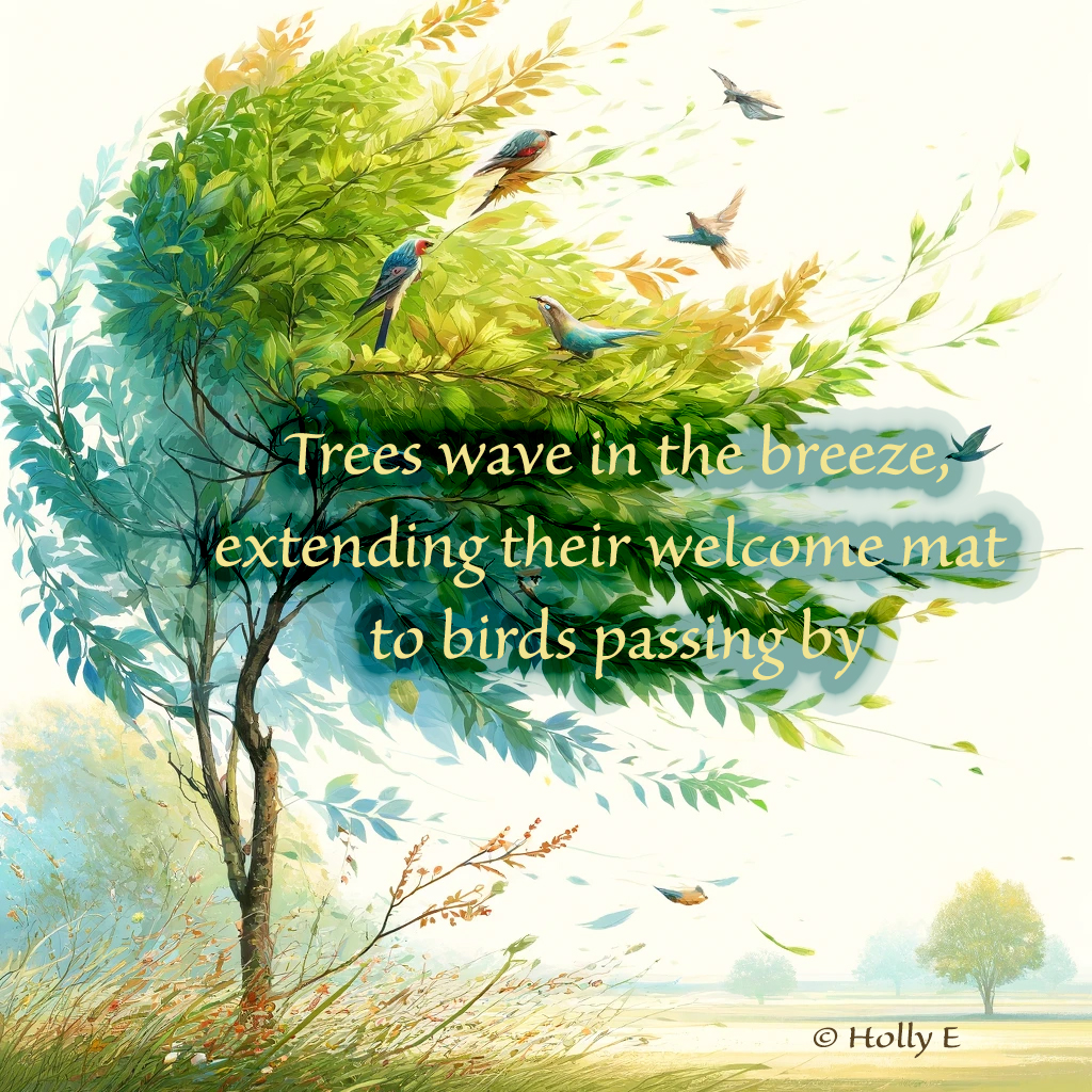 Trees wave in the breeze,
extending their welcome mat
to birds passing by

#haiku #haikuSaturday #micropoetry #poetry #poetrycommunity #poetrylovers #WritingCommunity #3lines