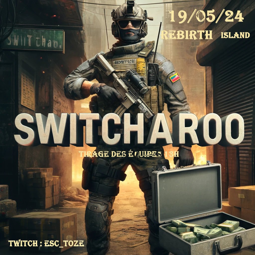 19/05/24  switcharoo rebirth island  
Tirage au sort des équipe 13h00
discord : discord.gg/c8NU3ZF5
doc :  docs.google.com/forms/d/1QXfZW…
22 joueurs inscrit déjà !