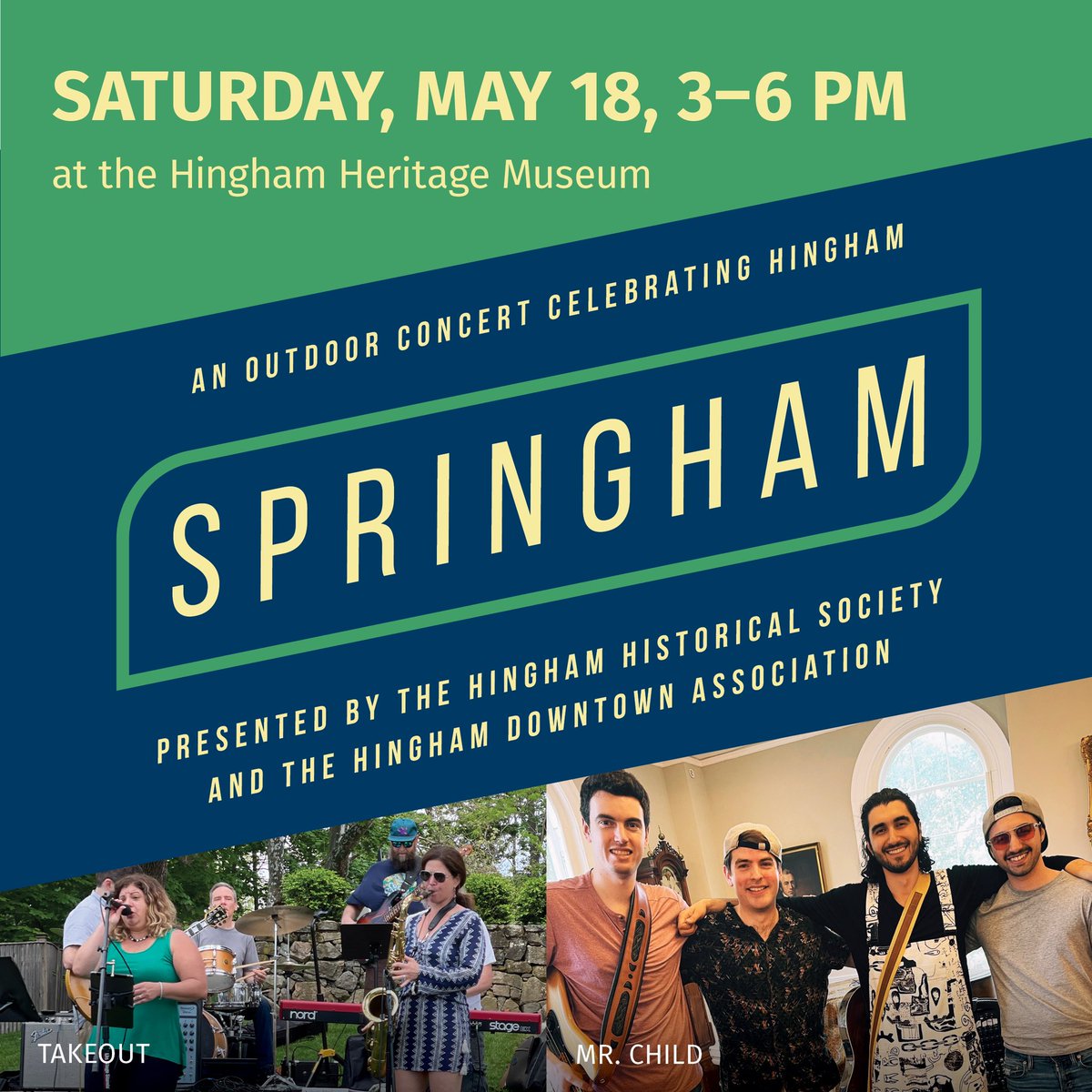 Saturday, May 18th Springham ☀️ returns to The Hingham Heritage Museum, 34 Main Street in Downtown Hingham from 3pm-6pm. 

A family-friendly afternoon of live music 🎶 with local musicians Take Out and Mr. Child.  We will have kids crafts, draft beer, and community fun!
