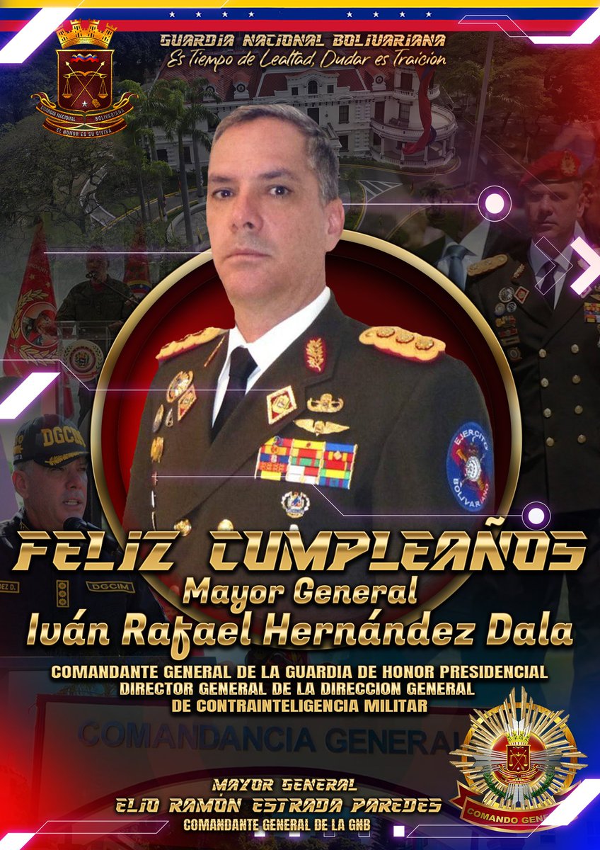 En nombre de la familia Guardia Nacional Bolivariana expresamos nuestras palabras de regocijo y feliz cumpleaños, al M/G Ivan Rafael Hernández Dala, Comandante de la Guardia de Honor Presidencial y Director General de la Dirección de Contrainteligencia Militar ¡Es tiempo de