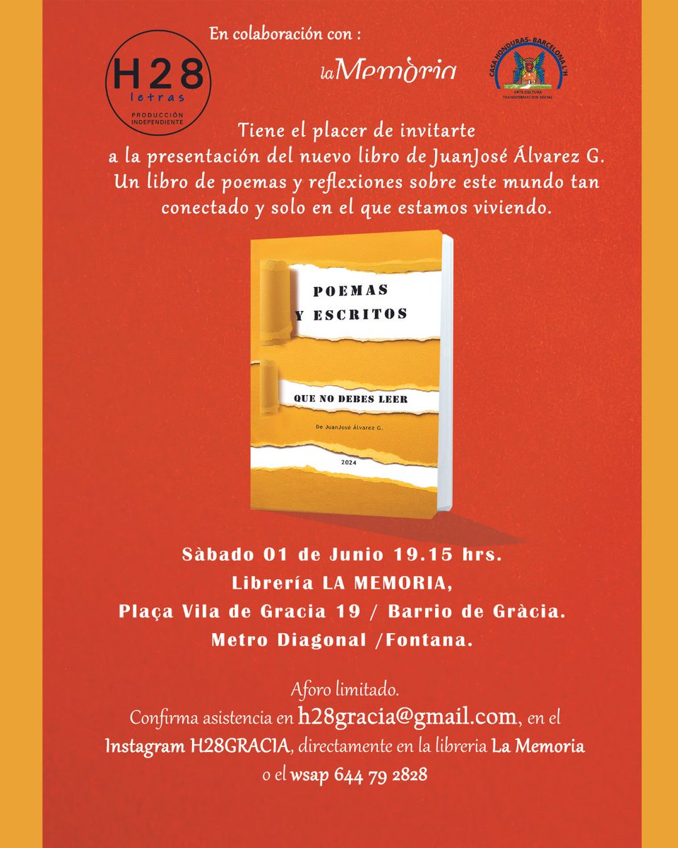 1 de juny, 19:00 h. Presentació POEMAS Y ESCRITOS QUE NO DEBES LEER De Juan José Álvarez G. L'autor estarà acompanyat amb música en directe pel pianista Jordi Pradillo.