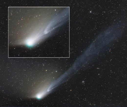 De huidige beelden van komeet 12P laten duidelijk de effecten zien van stormachtig ruimteweer, waarbij zijn staart wordt ‘afgetrokken’ door zonnewind.

Door Ujvárosi Beáta met behulp van een op afstand bestuurbare telescoop in Hakos, Namibië:l.