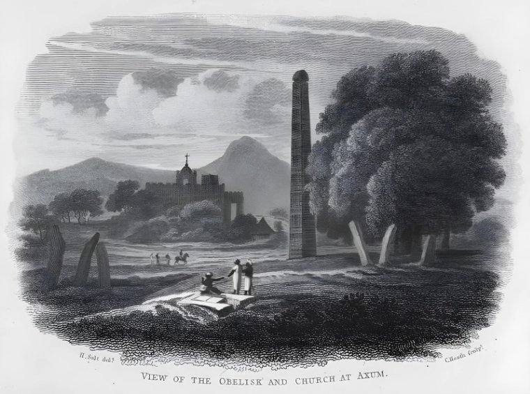 View of the Obelisk and Church at #Axum, #Tigray 1814. Henry Salt, 1780-1827. #Illustration #painting #Abyssinia #history #aksum ትርኢት ኦቤሊስክን ቤተክርስትያንን ኣብ ኣክሱም ትግራይ 1814. ሄንሪ ሳልት 1780-1827.