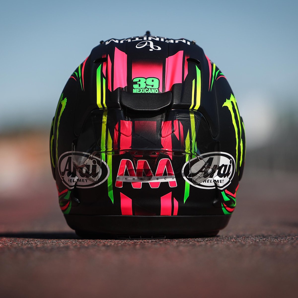 My 2024 helmet design is here…💣💥 Proud to be wearing @MonsterEnergy colours another season and to get back to my @WhyArai family!💚 Thanks also to @infinitumfest and Face Luxurious to jump into my helmet for this season!🚀 Awesome job as always by @ICanoZeroRacing!🔥