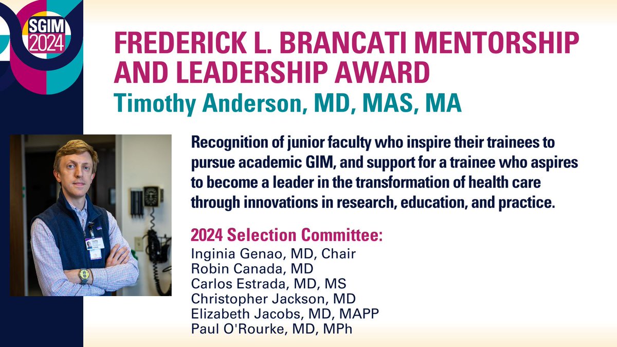 Please join us in congratulating Timothy Anderson, MD, MAS, MA, recipient of this year's Frederick L. Brancati Mentorship and Leadership Award! Congratulations, Christopher! #SGIM24 @TimAndersonMD