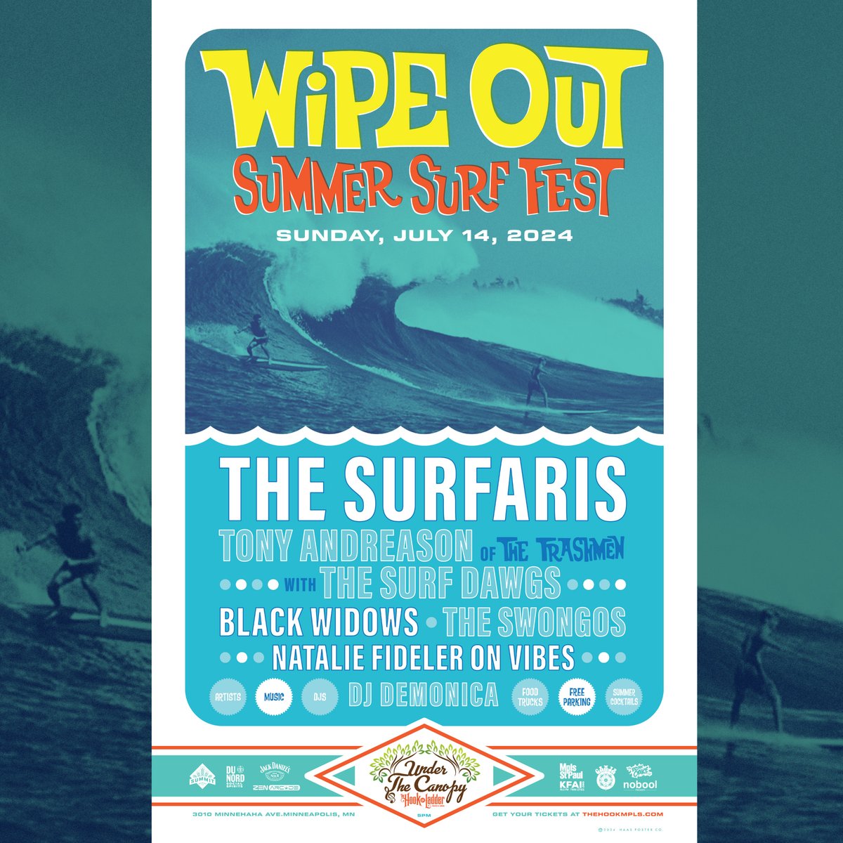 Tickets On-Sale! 'Wipe Out Summer Surf Fest' w/ The Surfaris + Tony Andreason of The Trashmen & The Surf Dawgs plus Black Widows, The Swongos, & more 'Under The Canopy' on Sun July 14 -- BUY TIX ->> WipeOut-SurfFest.eventbrite.com — #UTC24 #TheHookMpls #mpls #SummerConcerts #surfmusic