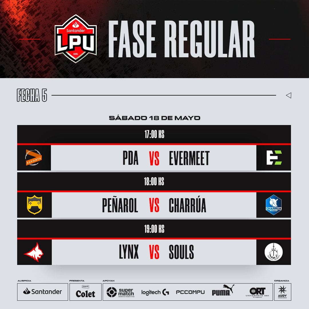 Asociación Uruguaya de Deportes Virtuales (@audvesports) on Twitter photo Hoy desde las 17:00 HS continúa #LPU <a href="/Santander_Uy/">Santander Uruguay</a> Temporada 5⃣ Presentada por Colet #LeagueOfLegends ⚔️🔥🧙♂️🛡️
FECHA 5⃣
<a href="/PDAesports/">PDA Esports</a> 🆚 <a href="/TeamEvermeet/">Evermeet</a>
<a href="/esportcap/">PEÑAROL | e-Sports</a> 🆚 <a href="/charruaesports/">Charrua eSports 🇺🇾</a>
<a href="/LynxGamingUY/">Lynx</a> 🆚 <a href="/Souls_Esports_/">Souls Esports</a>
🔴 EN VIVO
▶️ twitch.tv/audvtv
▶️ Hoy desde las 17:00 HS continúa #LPU <a href="/Santander_Uy/">Santander Uruguay</a> Temporada 5⃣ Presentada por Colet #LeagueOfLegends ⚔️🔥🧙♂️🛡️
FECHA 5⃣
<a href="/PDAesports/">PDA Esports</a> 🆚 <a href="/TeamEvermeet/">Evermeet</a>
<a href="/esportcap/">PEÑAROL | e-Sports</a> 🆚 <a href="/charruaesports/">Charrua eSports 🇺🇾</a>
<a href="/LynxGamingUY/">Lynx</a> 🆚 <a href="/Souls_Esports_/">Souls Esports</a>
🔴 EN VIVO
▶️ twitch.tv/audvtv
▶️