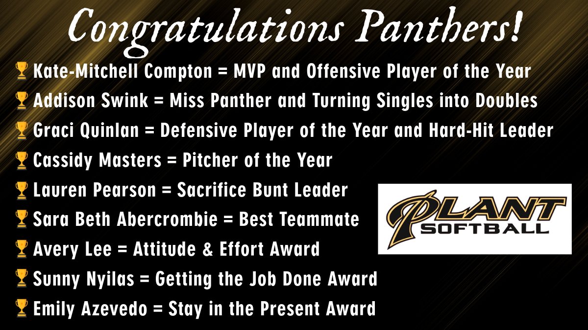 Plant High Varsity Softball (@varsityplant) on Twitter photo 👏2024 𝓟𝓵𝓪𝓷𝓽 𝓢𝓸𝓯𝓽𝓫𝓪𝓵𝓵 𝓐𝔀𝓪𝓻𝓭 𝓦𝓲𝓷𝓷𝓮𝓻𝓼👏
<a href="/KMCompton08/">Kate Mitchell Compton</a>
<a href="/AddySwink5/">Addison Swink</a>
<a href="/_graciquinlan_/">graci</a>
<a href="/MastersCassidy/">cassidy masters</a>
Lauren Pearson
@sbabercrom
Sara Beth Abercrombie
<a href="/averylee2024/">Avery Lee</a>
<a href="/NyilasSunny/">Sunny Nyilas</a>
<a href="/EmAzevedo2024/">Emily Azevedo</a>
<a href="/phsathleticfdn/">PHS Athletic Foundation</a> <a href="/PlantHighSchool/">PlantHighSchool</a> <a href="/BMFastpitch/">Bay Made Fastpitch</a> <a href="/PrepsTime/">Prime Time Preps</a> 👏2024 𝓟𝓵𝓪𝓷𝓽 𝓢𝓸𝓯𝓽𝓫𝓪𝓵𝓵 𝓐𝔀𝓪𝓻𝓭 𝓦𝓲𝓷𝓷𝓮𝓻𝓼👏
<a href="/KMCompton08/">Kate Mitchell Compton</a>
<a href="/AddySwink5/">Addison Swink</a>
<a href="/_graciquinlan_/">graci</a>
<a href="/MastersCassidy/">cassidy masters</a>
Lauren Pearson
@sbabercrom
Sara Beth Abercrombie
<a href="/averylee2024/">Avery Lee</a>
<a href="/NyilasSunny/">Sunny Nyilas</a>
<a href="/EmAzevedo2024/">Emily Azevedo</a>
<a href="/phsathleticfdn/">PHS Athletic Foundation</a> <a href="/PlantHighSchool/">PlantHighSchool</a> <a href="/BMFastpitch/">Bay Made Fastpitch</a> <a href="/PrepsTime/">Prime Time Preps</a>