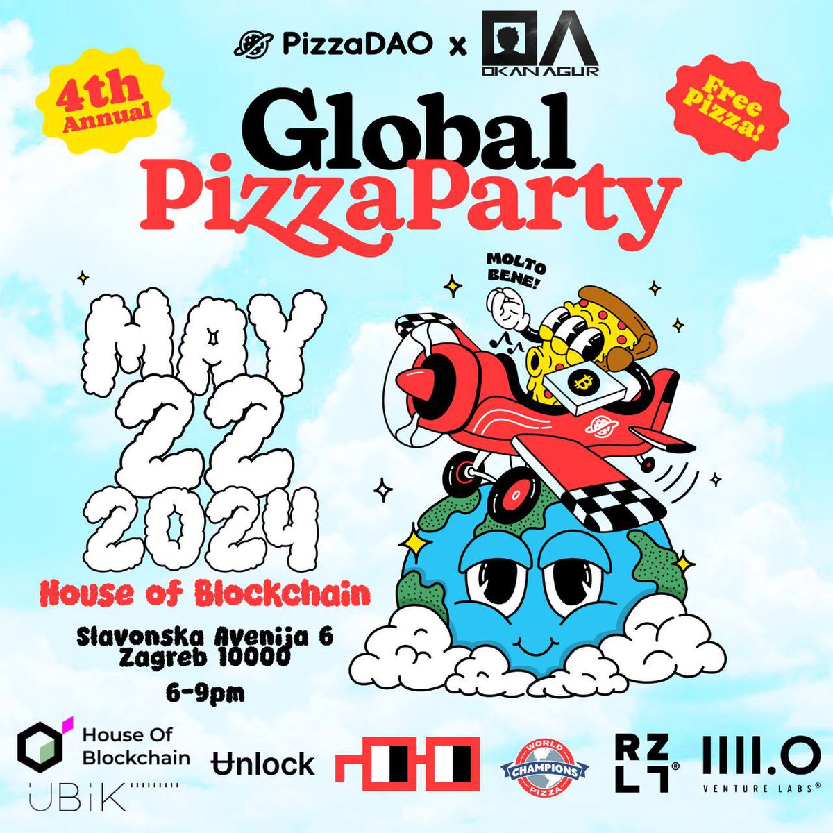 Celebrating Bitcoin Pizza day on May 22nd. Join us to relive the wonderful lore of the early days! A warm thank you to @Pizza_DAO @nftesnafi @UnlockProtocol @nounsdao @theRZLT @4ptOLabs @UbiKhr and eternal gratitude to @LaszloHanyecz for making history! RSVP 👇