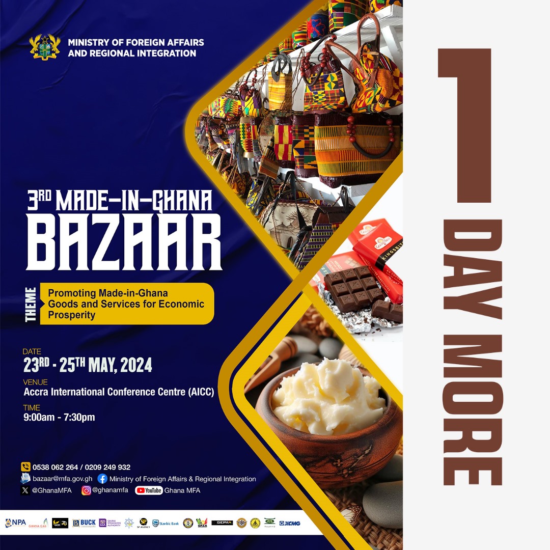 The countdown is on! Tomorrow is the much anticipated 3rd Made In Ghana Bazaar! Coming off at the Accra International Conference Centre from 23rd to 25th May 2024. Admission is free! Come and witness a variety of Made in Ghana products. Cc @GhanaMFA #FeatureByMFARI