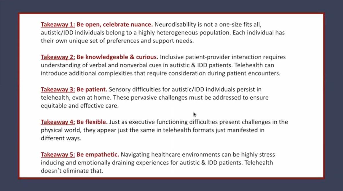 During session 6, Zuzana Skvarkova, BS, outlined 5 key considerations for stakeholders engaging with telehealth for patients with Autism and Intellectual Developmental Disabilities (IDD). #telehealth2024 #equity #patientcare