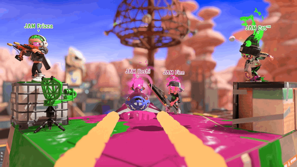JAM_Spl's tweet photo. we played in speed ladder and went 5-4!!! 
Frizz - rollers/dualies
Yoshi - Splashes/Pencils
Finn - Wiper/RB
Cat - Buckets https://t.co/nOhkNfiG4Q