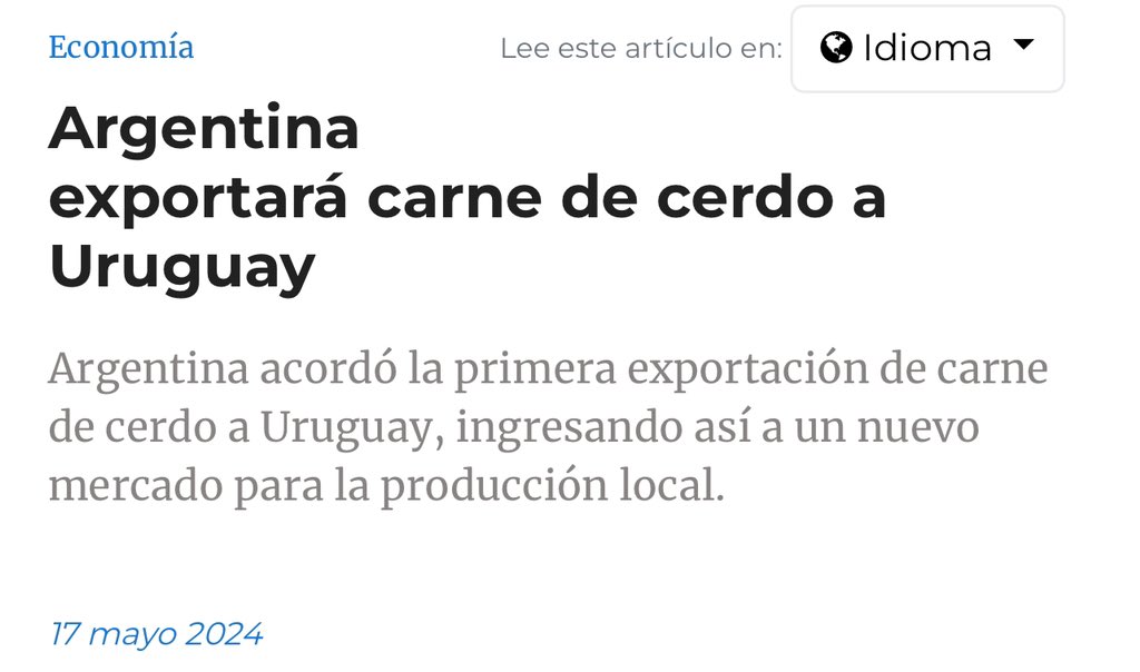 Argentina 🇦🇷 opens a new market: for the first time, it will export pork to Uruguay 🇺🇾.

The announcement was made by the Secretary of Bioeconomy:

✔️Initially there will be 3 slaughterhouses and shipping will have an approximate value of US$2500 per ton.

✔️In 2023 alone,