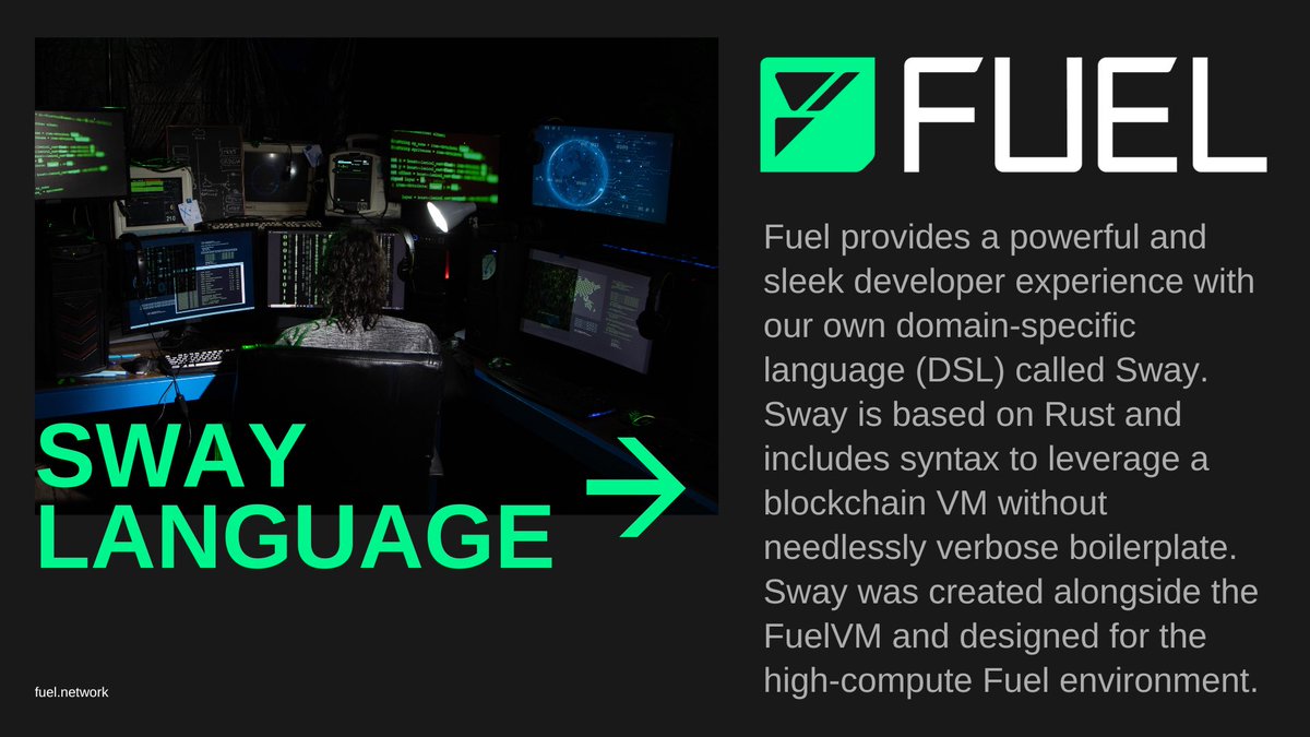 Sway prioritizes compile-time analysis and safety, similar to Rust’s borrow checker and safety-first semantics. Additionally, it has the syntax of Rust. @fuel_network 💚⛽️ #Fuel #FuelNetwork